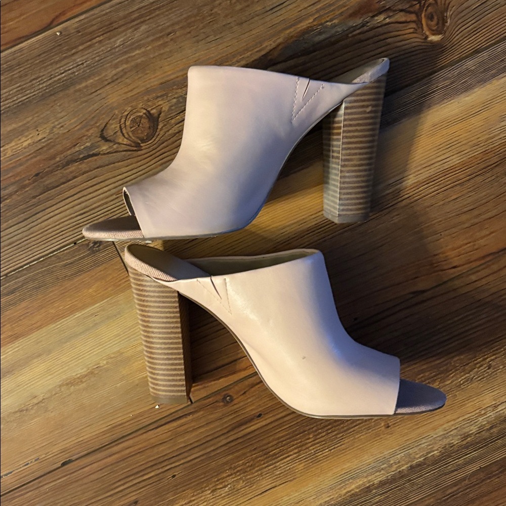 H by Halston Sand Nude Leather Kendra Open Toe Mule Heel 8.5 with 4.5" heel - Picture 6 of 9
